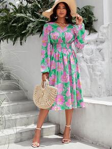 SHEIN VCAY 印花燈籠袖洋裝 - 綠色 - 查看 4