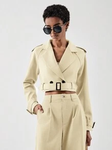 SHEIN BIZwear Lapel Neck Raglan Sleeve Buckle Belted Crop Trench Coat - Beige - View 1