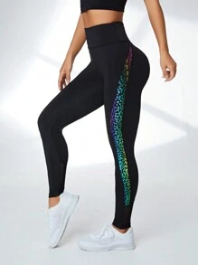 SHEIN Sports Quần legging thể thao cạp rộng Geo Print dành cho nữ tập yoga - màu đen - Xem 6