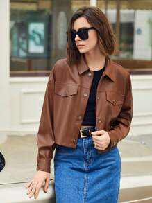 BizChic 翻蓋細節 PU 皮夾克 - 棕色 - 查看 4