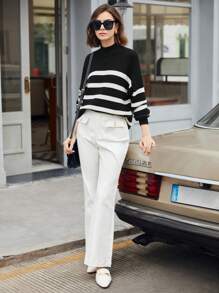BizChic 女士黑白条纹落肩毛衣，秋冬季宽松休闲针织衫，长袖上衣