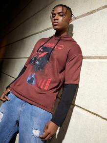 ROMWE MEN Batman X ROMWE Các bạn Đồ họa chữ và số Dây rút Hoodie - Rỉ Nâu - Xem 5
