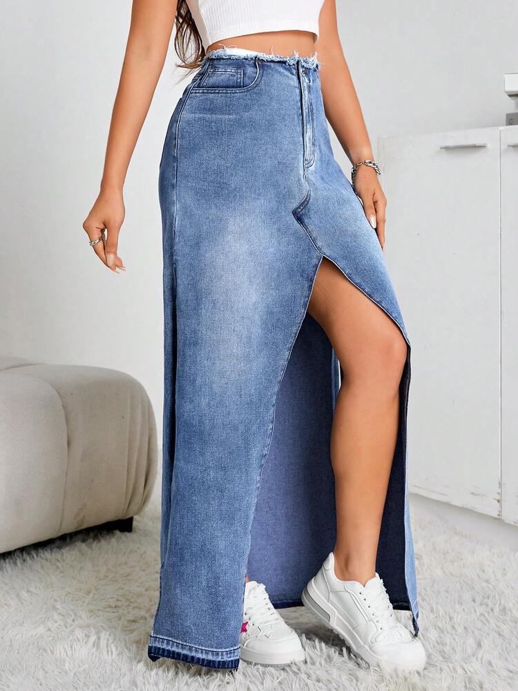 High Waist Split Thigh Denim Skirt