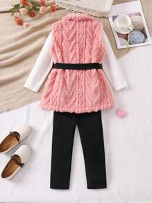 SHEIN 女小童素色T恤和褲子和毛茸茸腰帶外套馬甲 - 彩色 - 查看 2