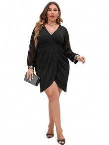 Plus Split Sleeve Wrap Hem Dress - Black - View 8