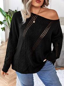 Calvaya Plus Pointelle Knit Drop Shoulder Sweater - Black - View 5