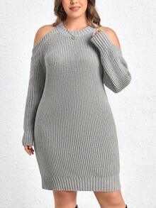 SHEIN LUNE Talla grande Vestido de punto de hombros descubiertos tejido de canalé - Gris - Ver 1