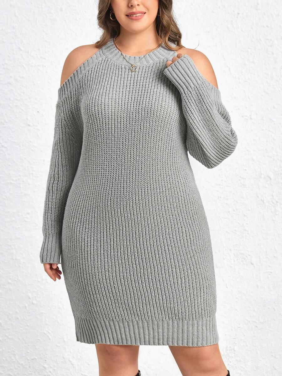 SHEIN LUNE Talla grande Vestido de punto de hombros descubiertos tejido de canalé - Gris - Ver 1