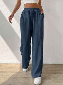 SHEIN EZwear Solid Slant Pocket Wide Leg Pants - Navy Blue - View 3