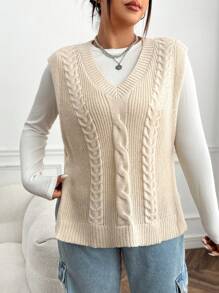 SHEIN EZwear Plus Cable Knit Split Hem Sweater Vest Without Tee Winter Fall Autumn - Beige - View 4