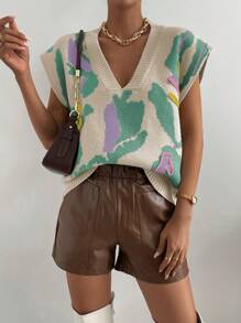 SHEIN LUNE Graphic Pattern Batwing Sleeve Sweater Vest - Apricot - View 1