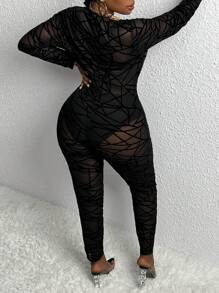 Slaydiva 大碼幾何印花深V領網紗彈力緊身連體褲不附帶內衣褲套裝 - 黑色 - 查看 2