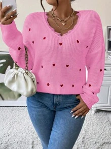 Calvaya 大碼愛心刺繡睫毛蕾絲邊落肩袖套頭毛衣 - 粉色 - 查看 6