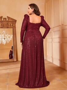 大碼雞心領口高衩亮片正式洋裝 - 酒紅色 - 查看 2