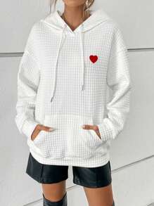 SHEIN Essnce Heart Embroidery Kangaroo Pocket Drop Shoulder Drawstring Hoodie - White - View 4
