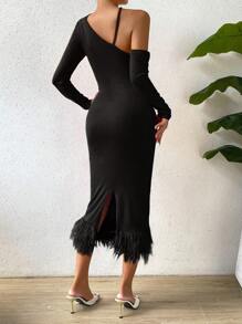 Chiquease Asymmetrical Neck Fuzzy Hem Bodycon Dress - Black - View 2