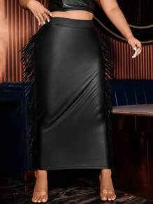 Allurite Plus Fringe Trim PU Leather Pencil Skirt - Black - View 6