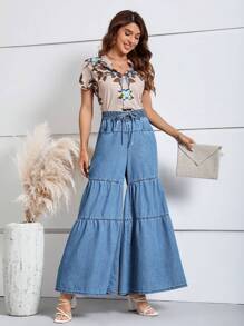 SHEIN LUNE 腰部打結荷葉邊闊腿牛仔褲 - 中等水洗藍 - 查看 4