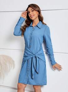 SHEIN Clasi Knot Side Button Front Denim Dress - Light Wash - View 4