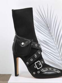SHUZIA Pointy Toe Studded Detail Stiletto Boots - Black - View 3