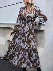 SHEIN Clasi 通體印花荷葉邊下擺洋裝 - 棕色 - 查看 3