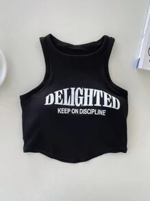Cô gái Tween Đồ họa Chữ cái Crop Tank Top - màu đen - Xem 1
