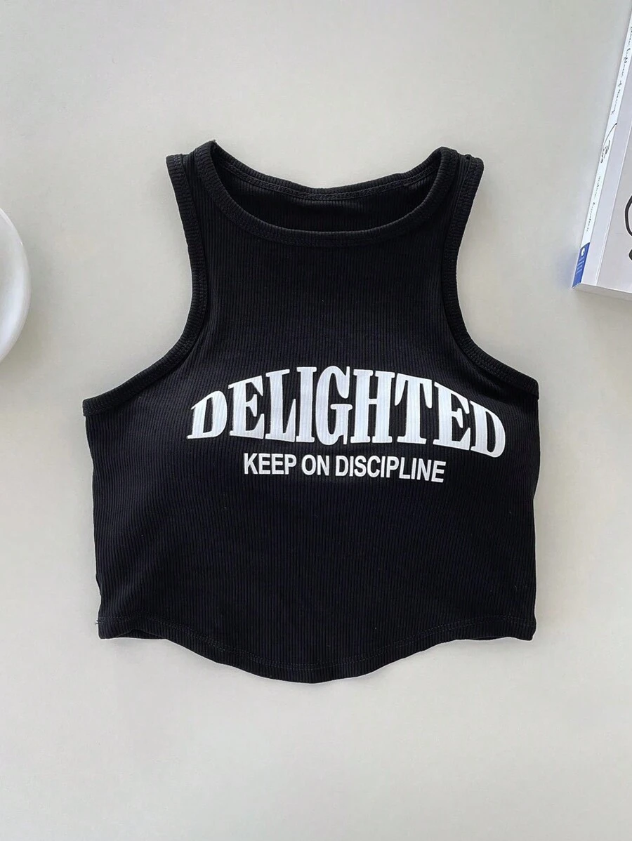 Cô gái Tween Đồ họa Chữ cái Crop Tank Top - màu đen - Xem 1