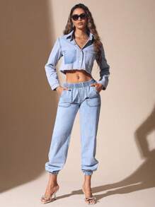 SHEIN BAE 口袋純色女士牛仔褲