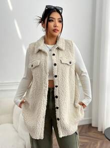 SHEIN EZwear Plus Flap Detail Teddy Vest Coat, For Winter - Beige - View 7