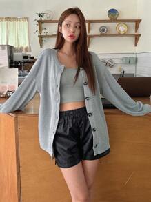 DAZY Chất rắn Nút phía trước Thả vai áo - Xám - Xem 6