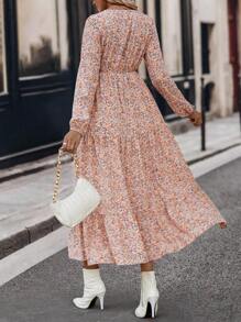 SHEIN LUNE Ditsy Floral Print Lantern Sleeve Ruffle Hem Dress - Pink - View 2