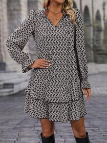 EMERY ROSE Allover Print Flare Sleeve Tie Front Ruffle Hem Smock Dress