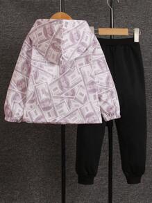 Young Boy Full Print Hooded Half Zip Long Sleeve Jacket - Apricot - View 2