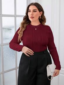 SHEIN Essnce 大碼素色圓領T恤 - 酒紅色 - 查看 3