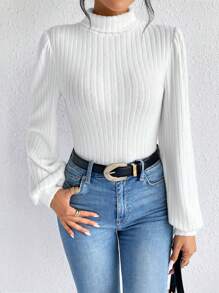 SHEIN Frenchy 白色纹理面料立领灯笼袖 T 恤 - 白色 - 查看 6