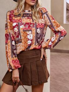 SHEIN LUNE Paisley Print Mock Neck Lantern Sleeve Blouse - Multicolor - View 5