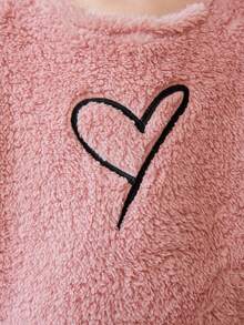 SHEIN Young Girl Heart Embroidery Drop Shoulder Teddy Sweatshirt & Pants - Dusty Pink - View 4