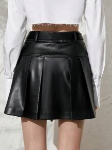 Anewsta 純色鏈條細節 PU 皮革百褶下擺半身裙 - 黑色 - 查看 5