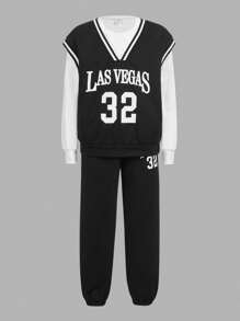 SHEIN Chicos Pantalones deportivos con sudadera con estampado de letra ribete de rayas sin camiseta - Blanco y Negro - Ver 1