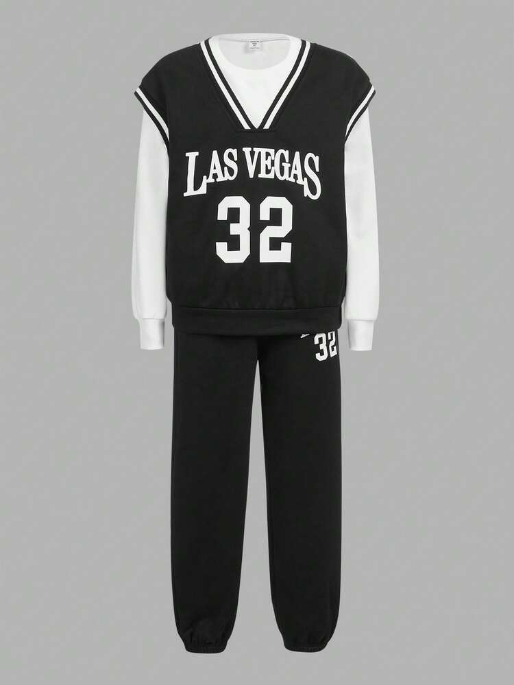 Tween Boy Letter Graphic Striped Trim Sweatshirt & Sweatpants With Tee