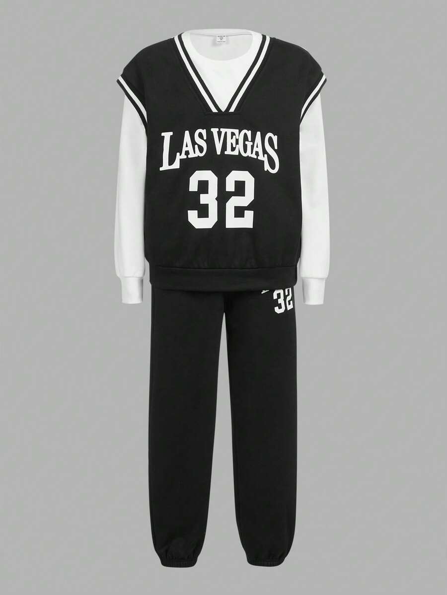 SHEIN Chicos Pantalones deportivos con sudadera con estampado de letra ribete de rayas sin camiseta - Blanco y Negro - Ver 1