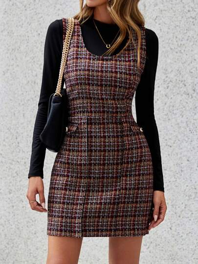 SHEIN Cottnline Plaid Print Overall Dress Without Tee