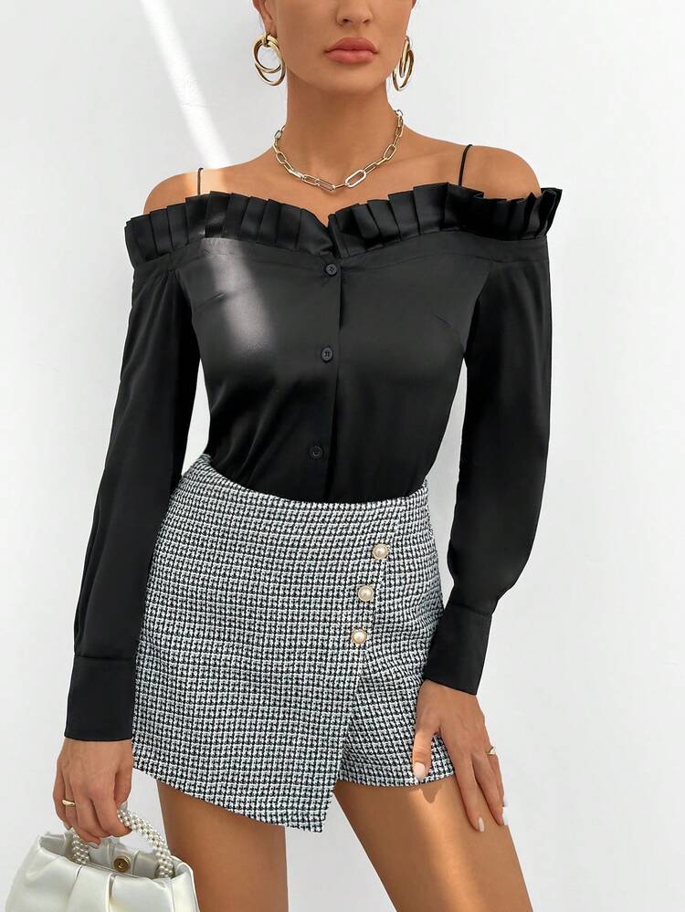 Cold Shoulder Ruffle Trim Button Front Satin Blouse