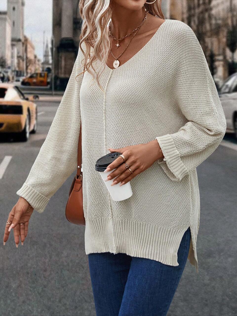 Batwing Sleeve Split Hem Knit Pullover Fall Winter Sweater