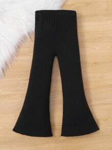 SHEIN Young Girl Solid Flare Leg Knit Pants,In Fall/Winter - Black - View 2