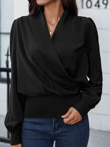 SHEIN Clasi Solid Surplice Front Bishop Sleeve Blouse - Black - View 6