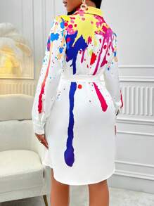 SHEIN Slayr 潑墨印花束帶襯衫洋裝