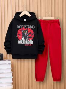 SHEIN 2pcs Tween Boy Casual Cat Letter Print Thick Hoodie Sweatshirt And Solid Color Knit Pants Set - Black - View 3
