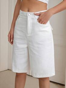 SHEIN Essnce Shorts bermuda unicolor con bolsillo oblicuo - Blanco - Ver 1