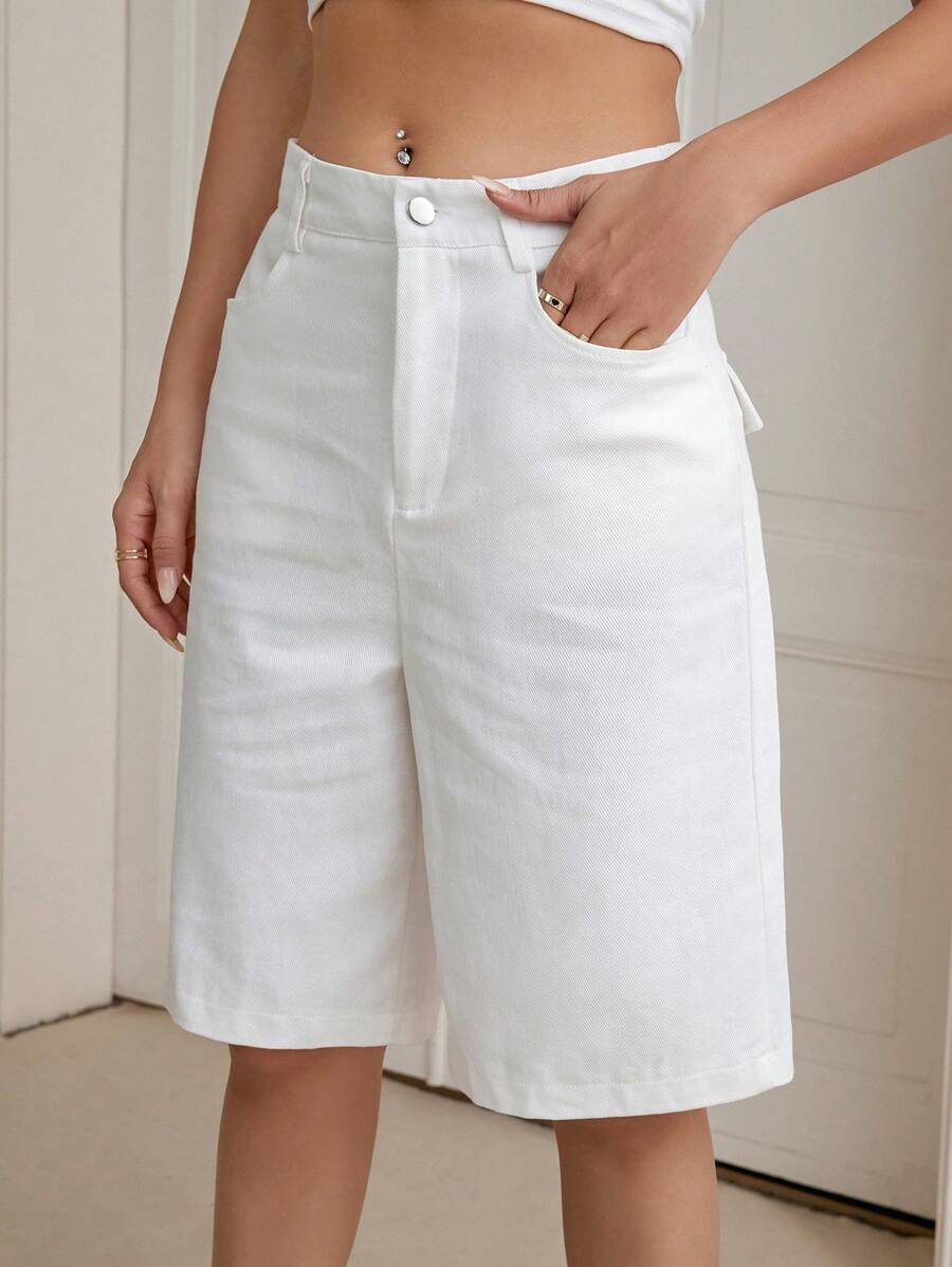 SHEIN Essnce Shorts bermuda unicolor con bolsillo oblicuo - Blanco - Ver 1